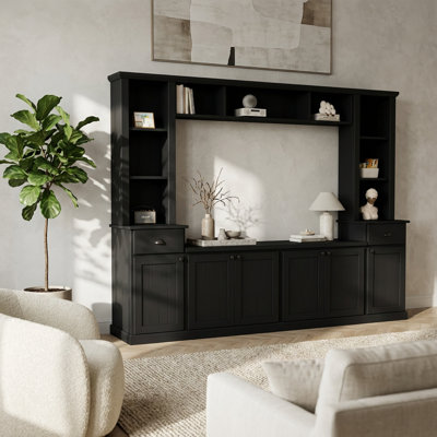 Contemporary Modular Entertainment Wall Unit System with Storage Bridge Compatible with Large Flat Screen Televisions, Featuring Adjustable Shelving and Multiple Storage Cabinets for Modern Living Room Decor