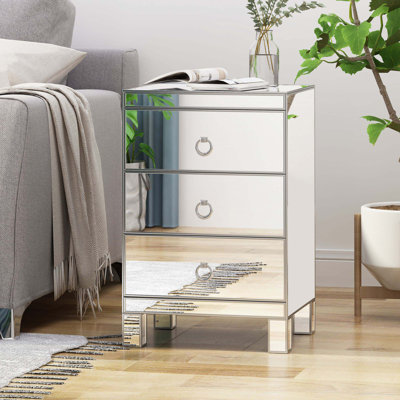 Mirrored Nightstand With 3-Drawers Silver Side End Table Mirrored Furniture For Small Space
