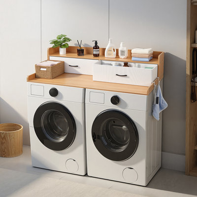 Washer Dryer Countertop with Shelf, 54 x 27.5 in Wooden Washer and Dryer Topper with 2 Drawers & 2 Hooks, Laundry Machine Topper for Laundry Closet Pantry Counter Organization and Storage, Black