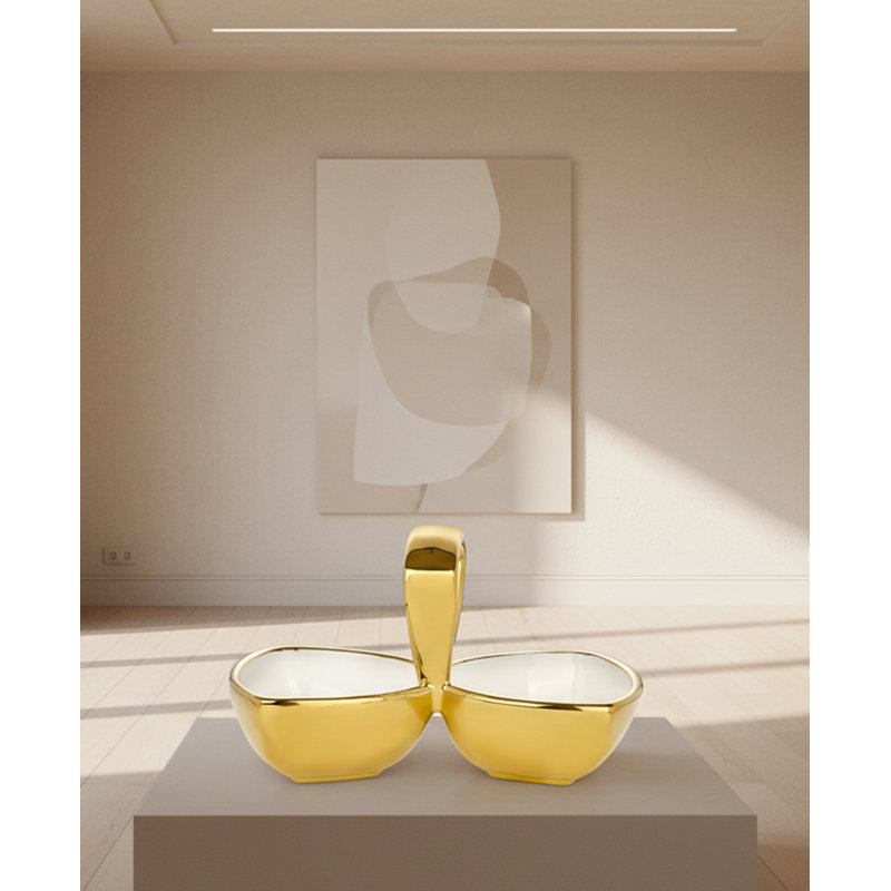 2 Ceramic Snack Bowl With Gold Outside And Handle- 8.5"