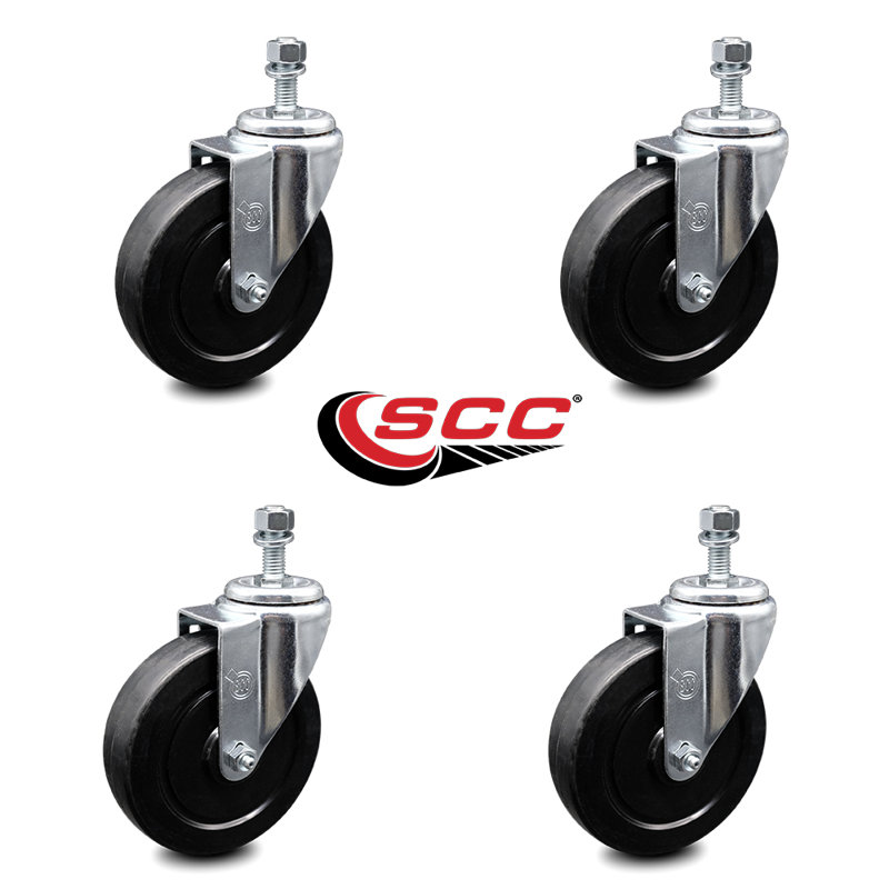 Rubber Wheel Swivel 10mm Threaded Stem Caster Set 2 Brakes SCC