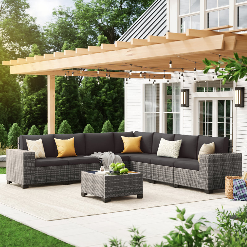 7 - Person Wicker Outdoor Modular Sectional Seating Group with Cushions, Black Cushion/Gray Frame, 8 pcs: Table, 7 Chairs