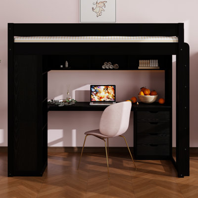 Lit mezzanine avec bureau en L et ports USB, 4 tiroirs de rangement et lumières DEL intelligentes, tablettes ouvertes à 4 niveaux