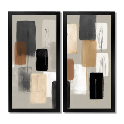 Formes noires avec mélange abstrait de minimalisme gris - Art mural sur toile minimaliste, art mural encadré gris minimaliste 2 pièces