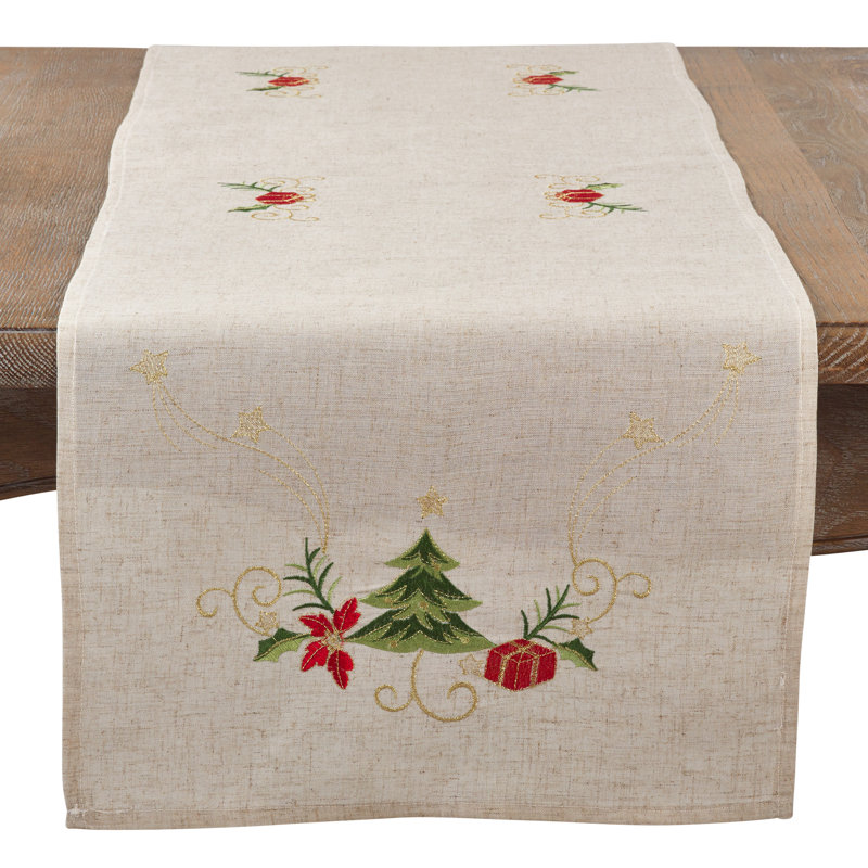Embroidered Ornament Holiday Linen Blend Table Runner, 16" x 120"