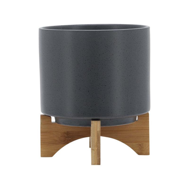 8" PLANTER W/ WOOD STAND, 9" H x 8" W x 8" D