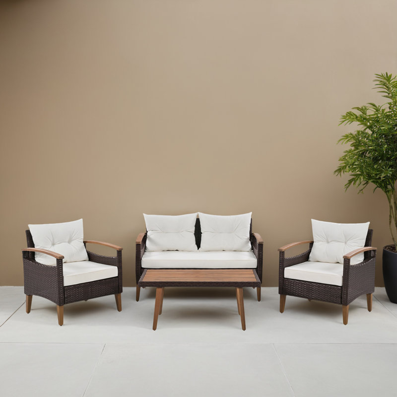 Ensemble de conversation extérieure en rotin pour 4 personnes avec coussins de patio, Beige