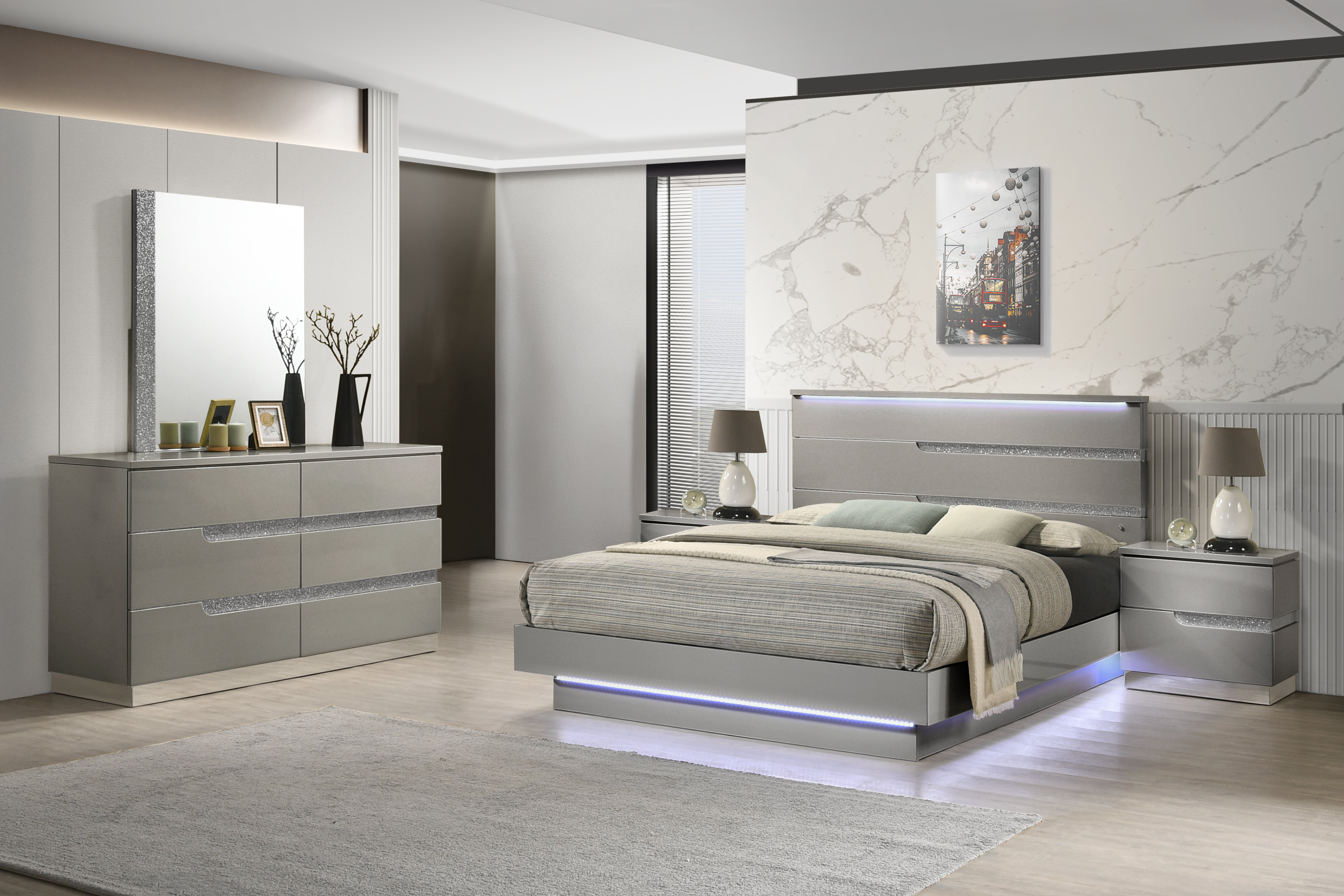 Arielah Marchan 5-Piece Wood Bedroom Set (Bed/Dresser/Mirror/2 Nightstands), Gray