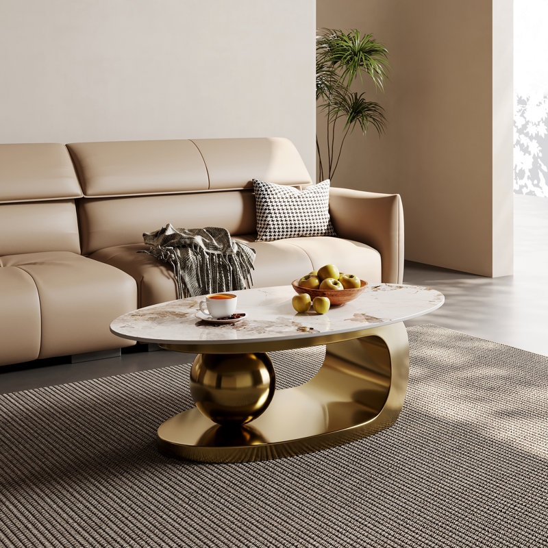 51.2" Modern Faux Marble Oval Coffee Table with Gold Bottom, Gold, White/Brown Marble
