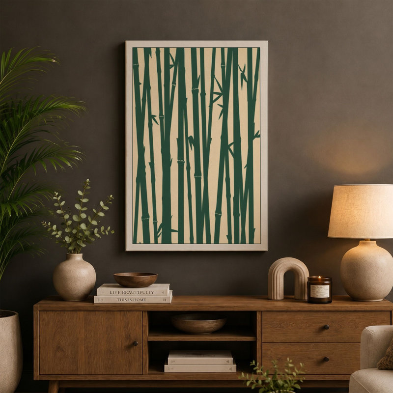 Bamboo in Green Japandi - Wrapped Canvas, 18x12 - 45.7 x 30.5 cm, Terracotta Border