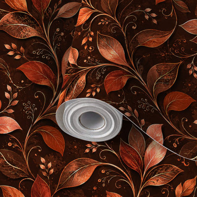 Papier peint auto-adhésif à motif de feuilles de cuivre abstraites brun foncé auto-adhésif et amovible 17,7 po x 118 po (45 x 300 cm)
