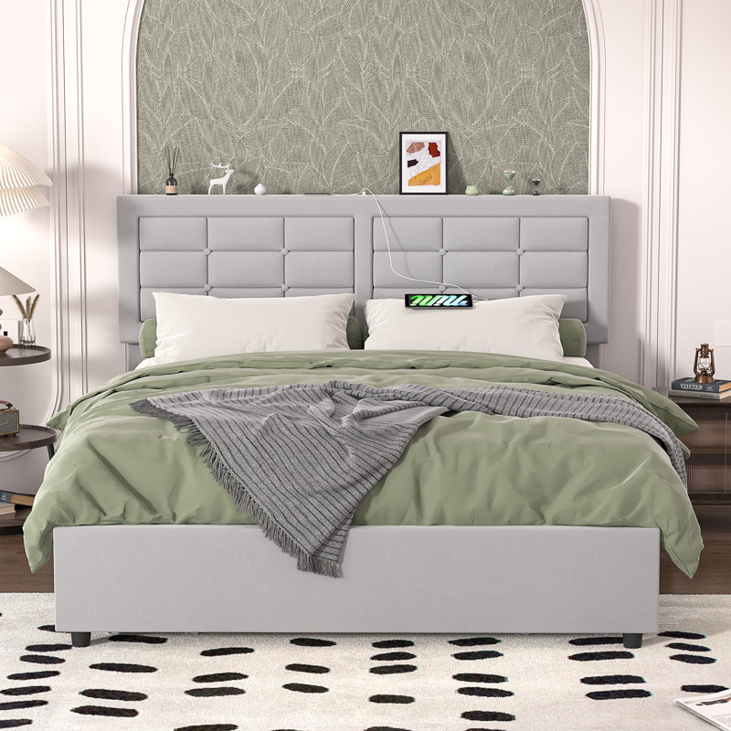 Kempst Upholstered Full Size Bed Frame with Adjustable Headboard, Full Platform Bedframe with Charging Station, Mattress Foundation with Wooden Slats Support, No Box Spring Needed