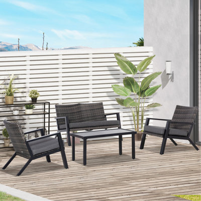 Outsunny 4 Piece Patio Furniture Set, 2 PE Wicker Chairs, Loveseat Sofa, Outdoor Coffee Table, Soft Cushions, Couch & Armchairs For Backyard, Garden
