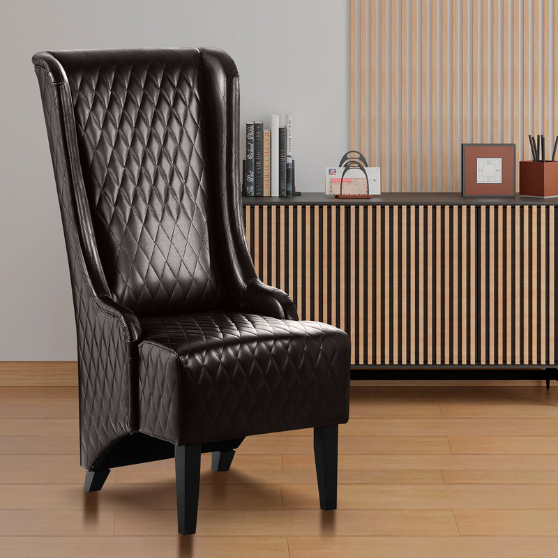 Fauteuil à oreilles rembourré à haut dossier, 1, Similicuir brun