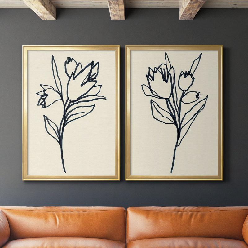 Floral Marker I - Ensemble de 2 reproductions d'art sur toile encadrées, Or, H 36,5 po x l 53 po x P 1,25 po