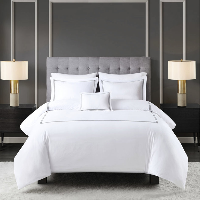 Édredon en coton doux à densité de tissage de 500 fils, double / grand, avec bordure brodée 500tc gris + blanc, housse de couette et taie d'oreiller amovible