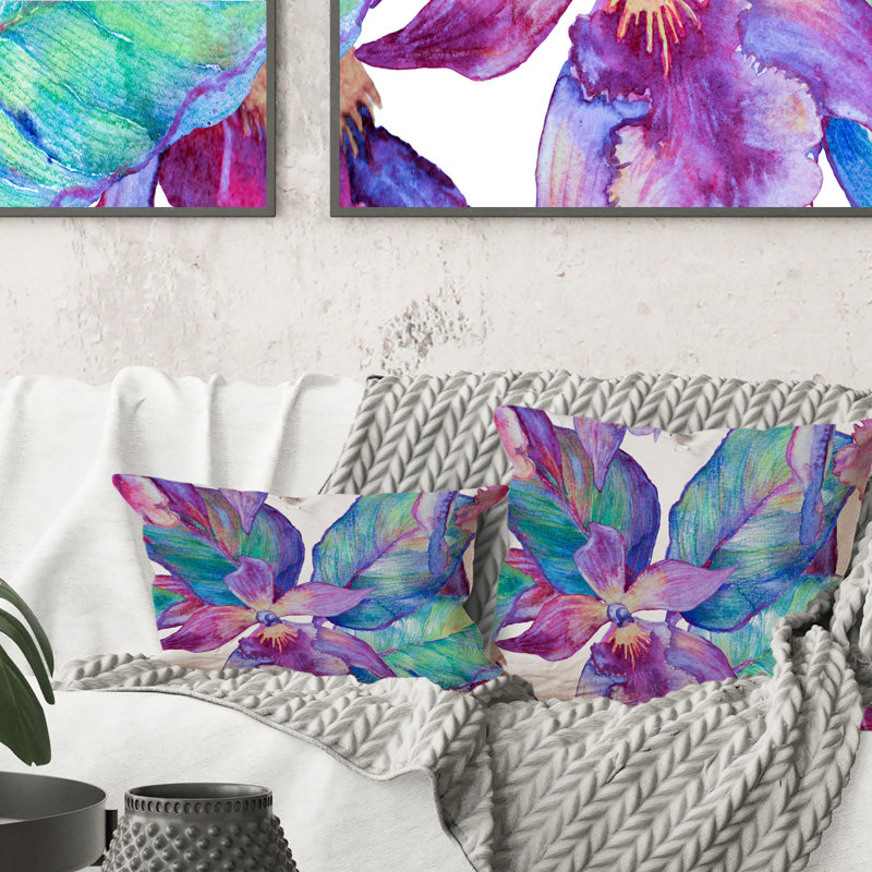 Orchidée turquoise et mauve - coussin décoratif traditionnel, 18 po x 18 po