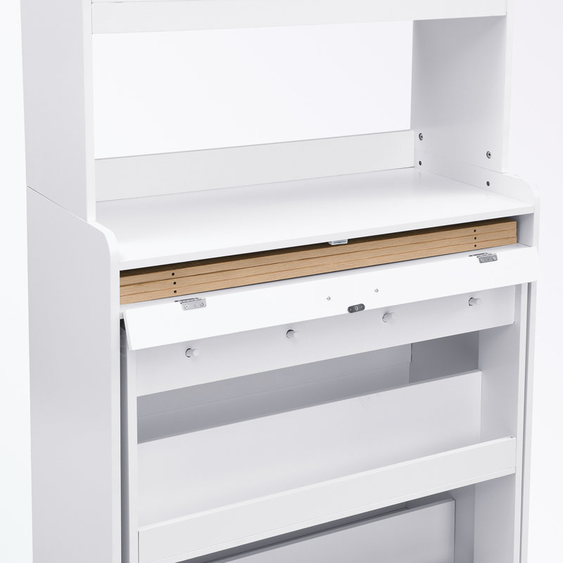 Kitchen Pantry Cabinet with Hutch and Foldable Dining Table, White/Natural
