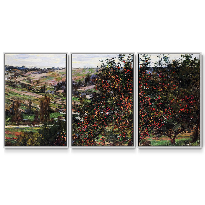 Pommiers près de Vetheuil, 1878, peinture sur toile 3 pièces, Cadre blanc, H 24 po x l 48 po