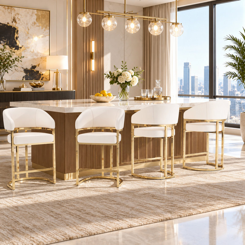 Ensemble de 3 tabourets de bar rembourrés en métal 24 pouces (ensemble de 3), Gold, White, 1