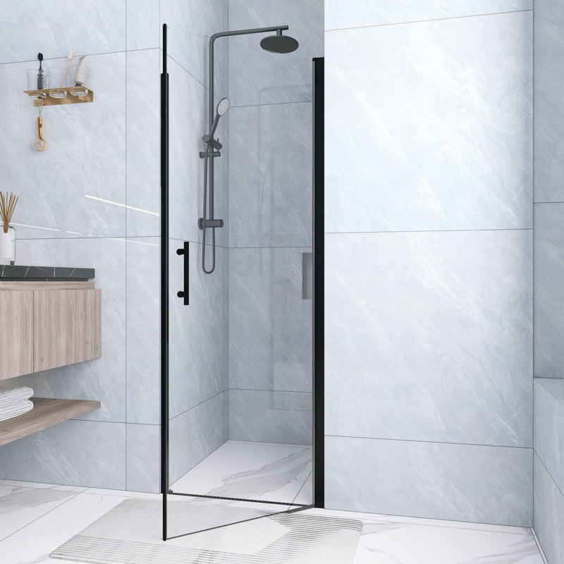 28 .In W X 72 .In H  Half  Frame,Pivot Shower Door  With 1/4 Inch Thick Clear Tempered Glass  In Matte Black  |Aluminum Frame | Stainless Steel Handle