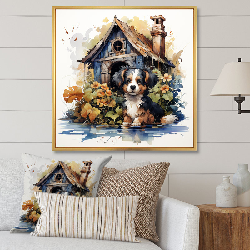 «Puppy Doghouse Blooms II», art mural chien, Cadre flottant doré, H 30 po x l 30 po x P 1,5 po
