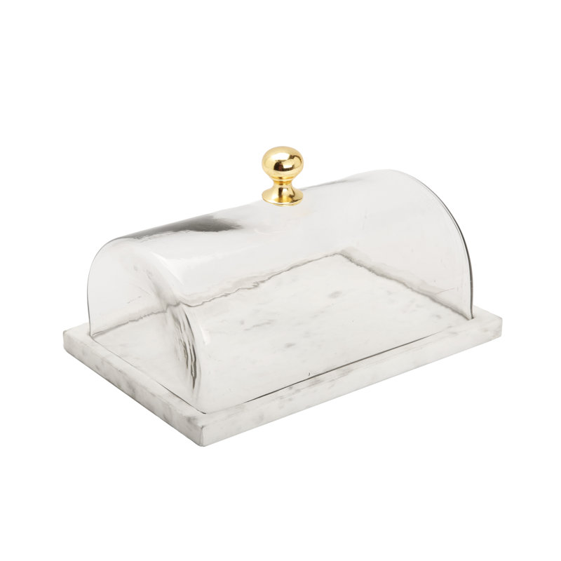 Rectangular Marble Cake Dome with Gold Knob