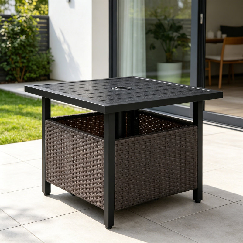 PE Rattan Wicker Patio Side Table with 1.5" Umbrella Hole, Weather Resistant, Black