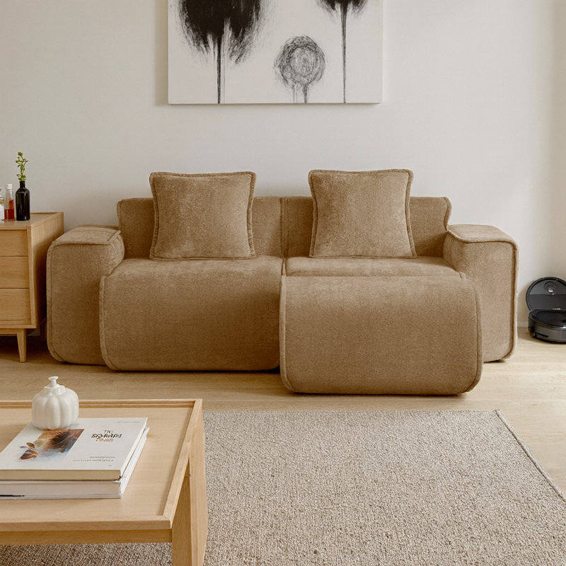 Canapé modulaire de luxe avec repose-pieds Cloud - tissu de velours, ensemble modulaire en L à assemblage zéro, Brun, 2