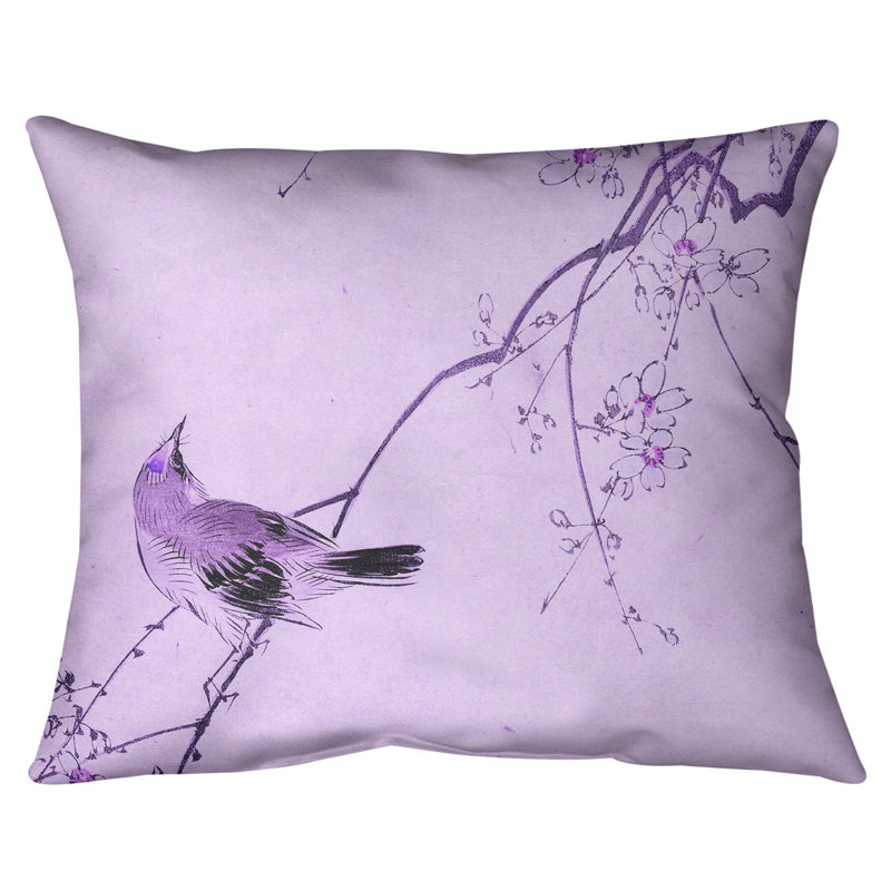 Coussin lombaire en aquarelle d’oiseau japonais et de fleurs, 20 po x 14 po, Mauve, Duvet synthétique