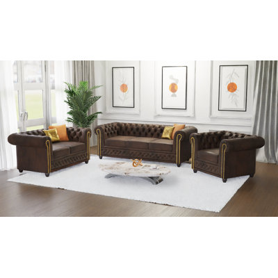 Chesterfield Friedrich Sofa Set with Sleeping Function 3+2+1 Made of Vintage Look Microfibre with Solid Wood Legs