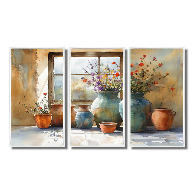«Farm Pottery Earthy Treasures I - Boho Pottery», ensemble de reproduction d'art mural, Toile encadrée flottée blanche