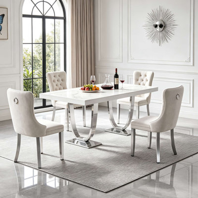 Ensemble de table de salle à manger 70,87 "de luxe moderne en faux marbre pour 4, ensemble de table de cuisine 5 pièces avec base unique en acier inoxydable en forme d'anneau double et 4 chaises de salle à manger rembourrées en velours beige, plateau de table en marbre, résistant aux rayures et aux taches et facile à nettoyer