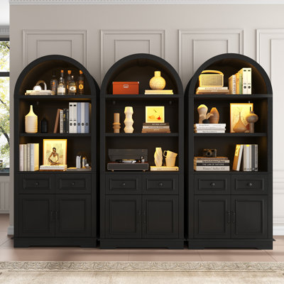 71"H Arched Storage Bookcase Cabinet with Motion Sensor LED Lights, Power Outlet, 2 Drawers & 2 Doors, Tall Display Hutch