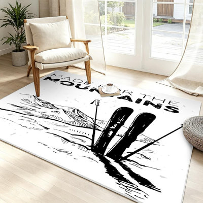 White Machine Washable,Skiing Mountains Sketch Ski Mountain Indoor Area Rug