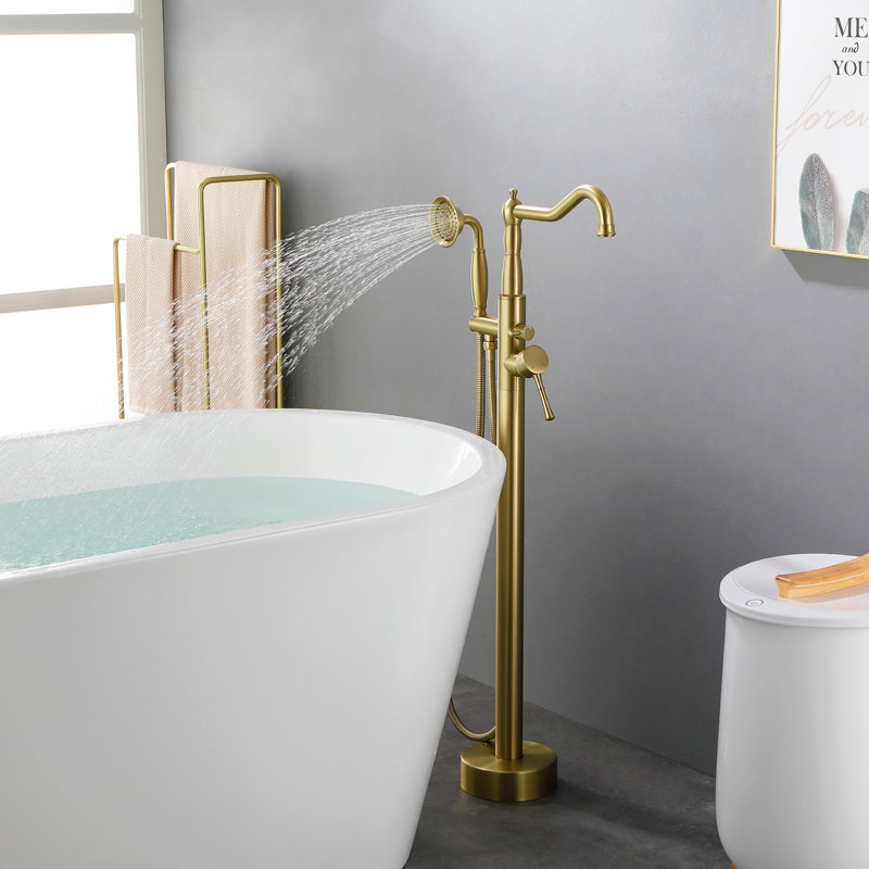 Freestanding Bathtub Faucet Tub Floor Mount Bathroom Faucets Brass Single Handle with Hand Shower, Brushed Gold