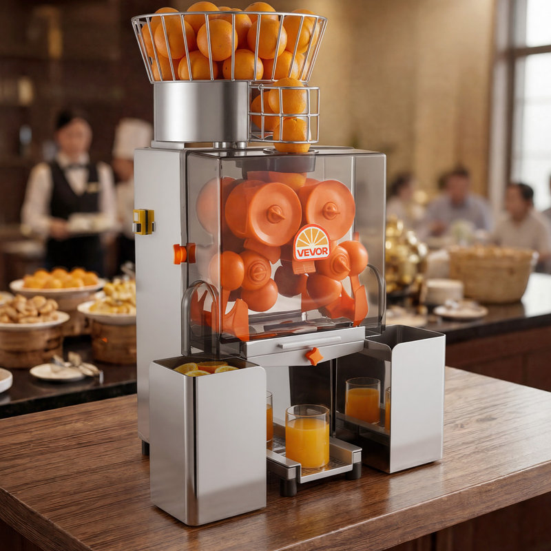 Presse-agrumes commercial, presse-agrumes automatique électrique orange de 120 W, extracteur de grenades et d'agrumes au citron pour 20 par minute, acier inoxydable, avec seau de ramassage des pelures, housse en PC