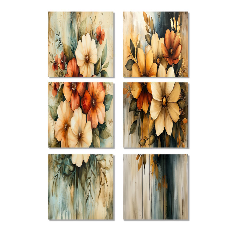 Fleurs abstraites d'automne infini équilibre - ensemble abstrait d'art mural de 6, Toile tendue, Ne s’applique pas