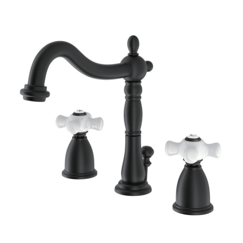 Kingston Brass Heritage Two-Handle 3-Hole Deck Mount Widespread Bathroom Faucet with Brass Pop-Up Drain, Matte Black
