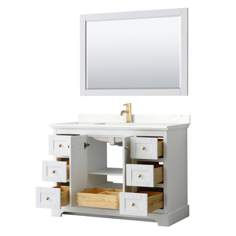 Avery 48'' Single Bathroom Vanity with Quartz Top, Giotto Quartz, White, Brushed Gold