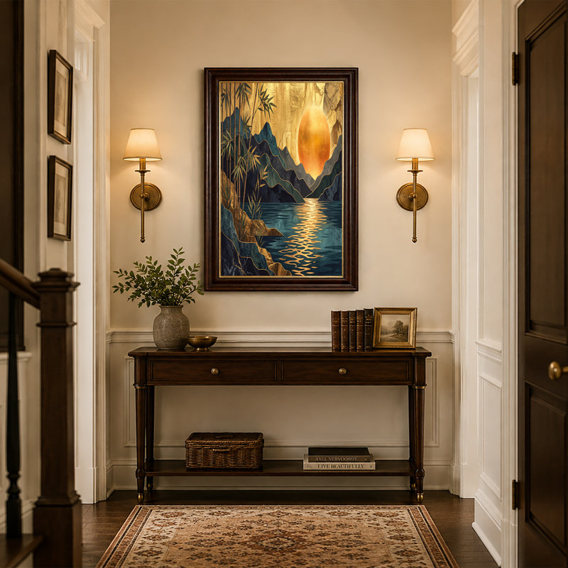 Art mural sur toile bleu sarcelle et bambou avec feuille d'or et soleil orange, 16"H x 24"W