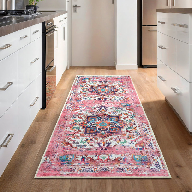 GLN Rugs Traditional Collection - Machine Washable Area Rug, Traditional Washable Rug, Non Slip Washable Rug, Low Pile Chenille Living Room Rug, Bedroom Rug, Kitchen Rug (Pink Rug)