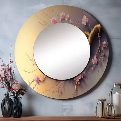 Prudie rose et prune cerisier en fleurs branche VII - miroir mural unique, miroir rond moderne, impression sur métal