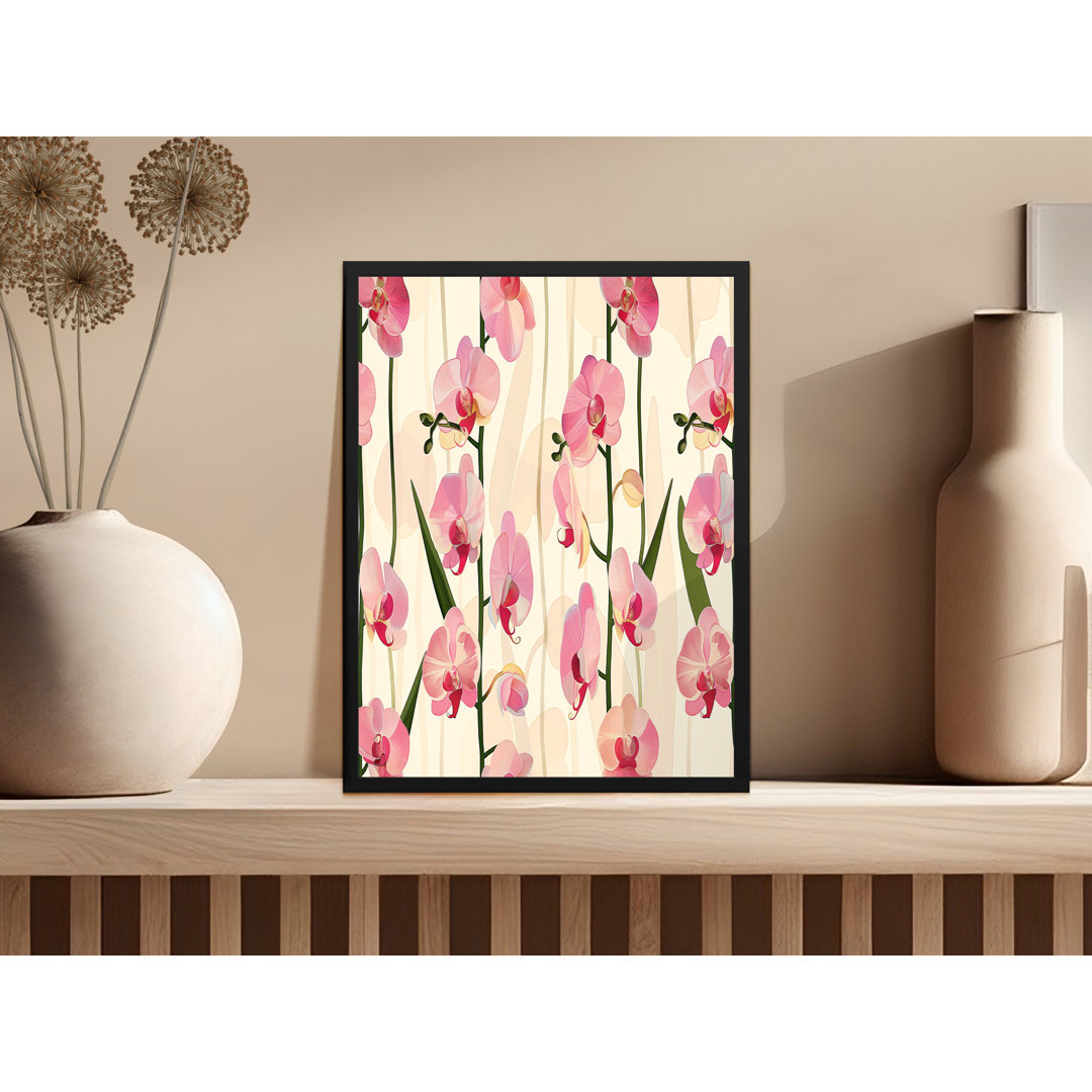 Pink Orchids Floral Pattern In Black Frame Nature Art Framed Poster