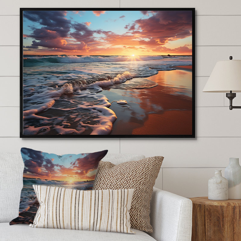 Coucher de soleil horizon III - art mural côtier pour le salon, H 12 po x l 20 po x P 1 po, Cadre flottant noir
