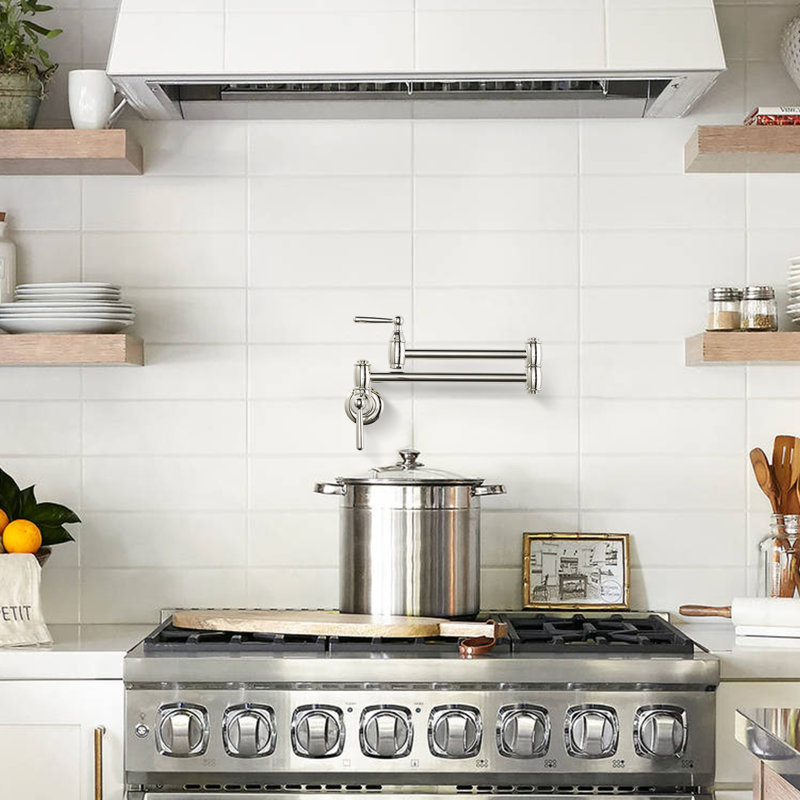 Wall Mounted Brass Pot Filler with 2 Handles, Polished Nickel