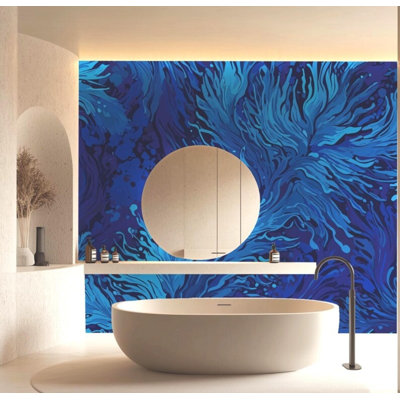 Deep Blue Abstract Swirl Wave Brushstroke Painted Wall Mural
