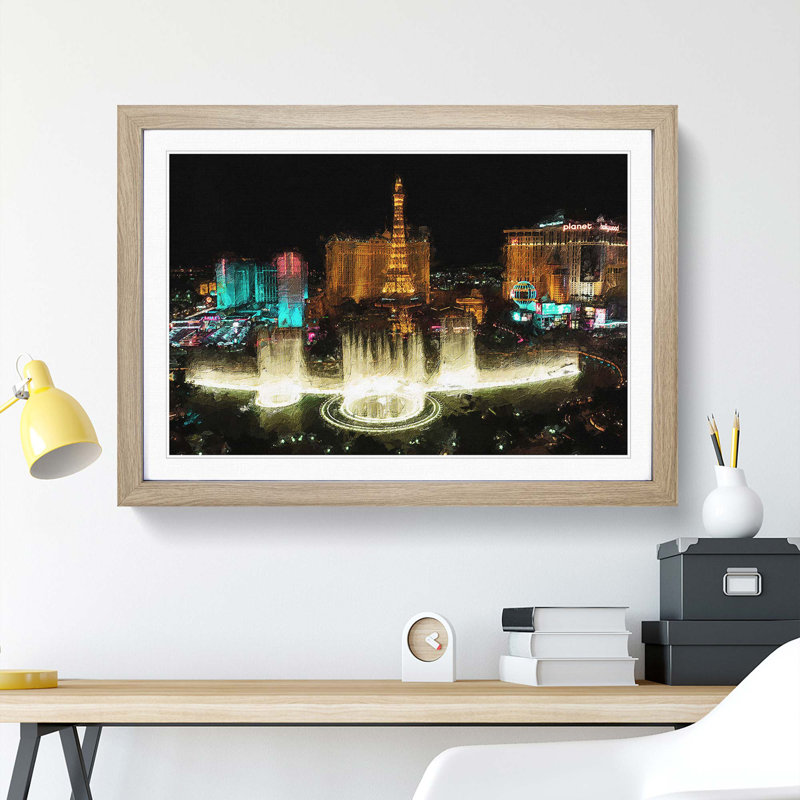 The Bellagio Hotel in Las Vegas Nevada - Picture Frame Painting Print, 50cm H x 76cm W x 2cm D, Oak