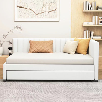 Upholstered Daybed Frame With Twin Size Trundle, Beige Linen, No Box Spring And Functional,