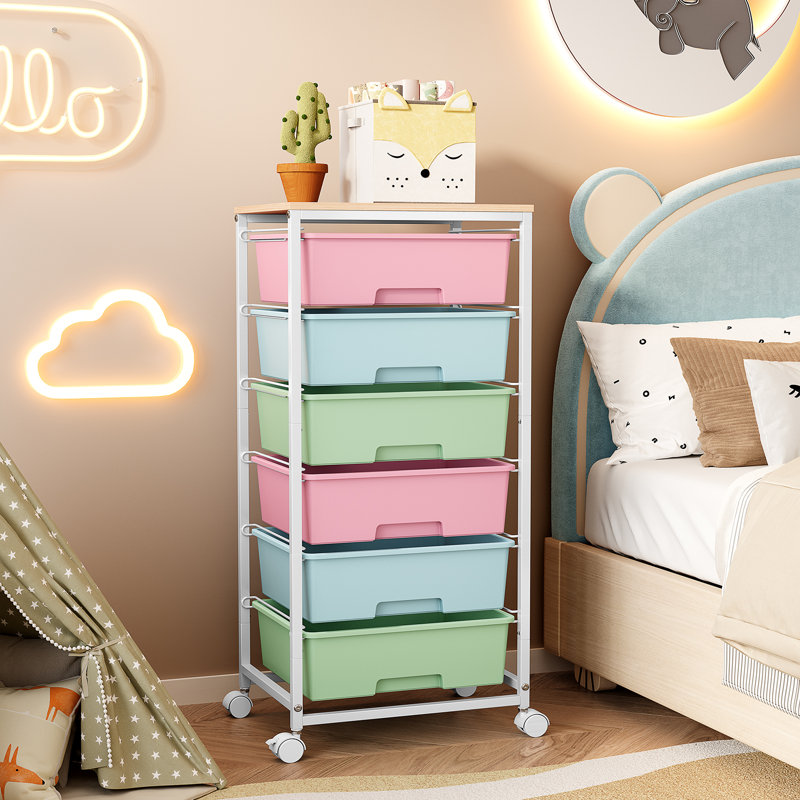Rolling Storage Drawers with Wheels ,Utility Cart with 6 Large Drawers and Wooden Tabletop, Blue/Pink/White